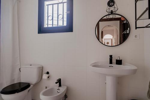 La salle de bains est pourvue de toilettes, d'un lavabo et d'un miroir. dans l'établissement Apartamento Los Lirios, à Santa Brígida