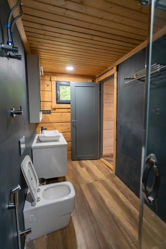 a small bathroom with a toilet and a shower at SaffronStays Paradise Pines, Dehradun - cliff villa with valley & forest views in Dehradun