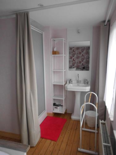 a bathroom with a sink and a mirror and a red rug at Logies 't Eenvoud - Simple Rooms - Stilte, Rust & Herbronning aan Zee in Knokke-Heist