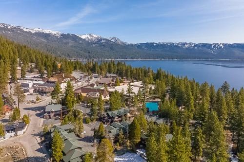 an aerial view of a resort with a lake and mountains at Totally Tahoe Townhome in Crystal Bay