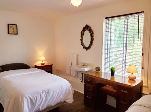 a bedroom with a bed and a sink and a mirror at Auberge de la rive de Charlevoix - Auberge de jeunesse familiale pour voyageurs de tous âges in Saint-Joseph-de-la-Rive