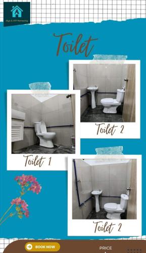 a collage of pictures of a bathroom with toilets at Alya&Afif Homestay in Papar