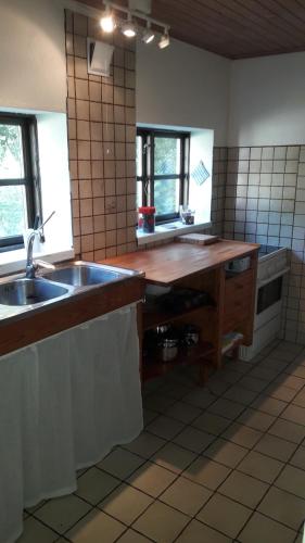 uma cozinha com um balcão de madeira e um lavatório em Lundtofthøj em Aabenraa