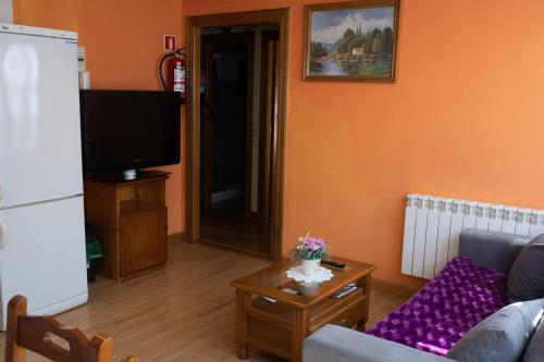 a living room with a couch and a tv at Apartamentos Rurales Las Mestas in Puenteciella