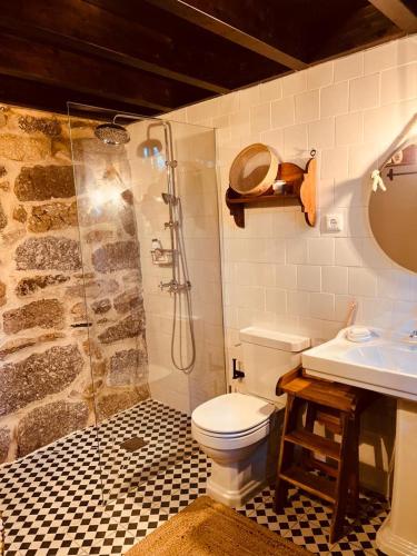 a bathroom with a shower and a toilet and a sink at Palheiro Mezio in Mezio
