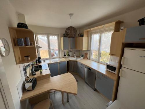 une cuisine avec des placards bleus et une table en bois dans l'établissement Appartement chez Fabie, à Sélestat