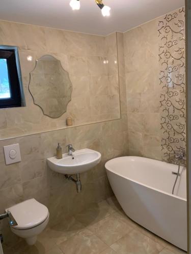 a bathroom with a tub and a toilet and a sink at Apartament Micsunelelor in Iaşi