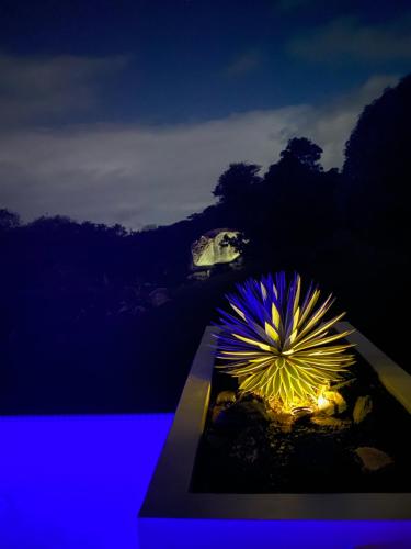 una mesa con una luz azul en la oscuridad en Lejos Eco Retreat, en Vieques