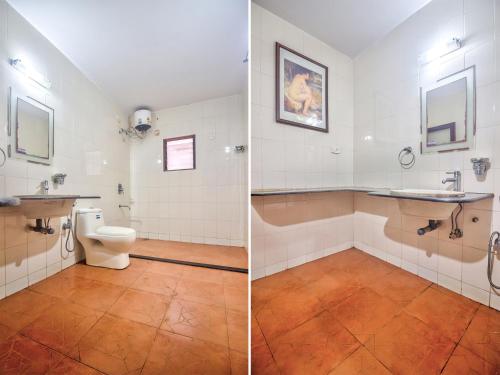 two pictures of a bathroom with a toilet and a sink at Hilltop 4 BHK Villa with Private Swimming Pool near Candolim in Old Goa