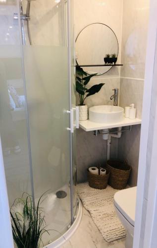 a bathroom with a shower and a sink at MeeZee Pearl Double Bed Lodge With Free Parking in Manchester