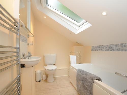 a bathroom with a toilet and a sink and a skylight at Lydgate House Cottage in Yelverton
