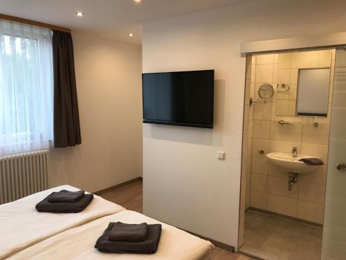 baño con 2 camas, lavabo y TV en Gasthof Adler Äpfingen, en Äpfingen