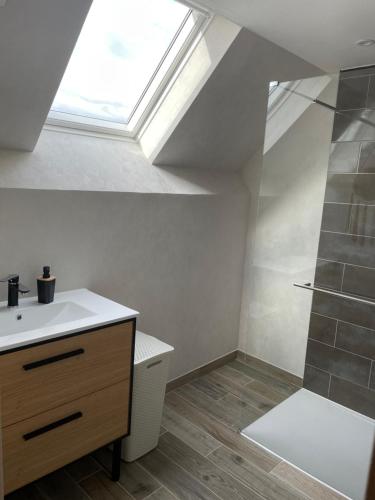 a bathroom with a sink and a shower with a skylight at Nid Douillet 4 pers wifi gratuit sauna lave linge sèche linge in Houssen
