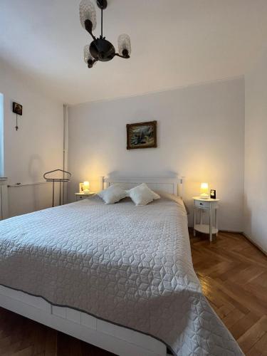 a bedroom with a white bed with two tables and a chandelier at Lala's sweet nest in Călimăneşti