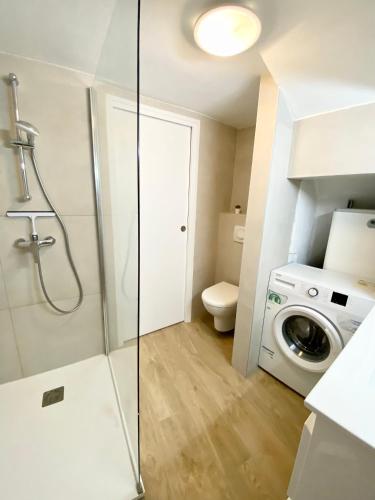 une salle de bain avec une machine à laver et un lave-linge dans l'établissement Ou Mentounasc - Duplex Vieille Ville Menton - Free Parking, à Menton
