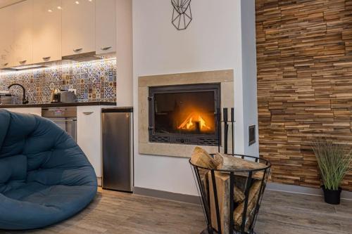 a living room with a fireplace in a kitchen at Splendor 3 bedroom flat in Silver Mountain in Poiana Brasov