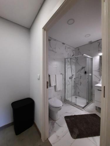 a white bathroom with a toilet and a shower at Casa dos Moroucinhos in Rio Caldo