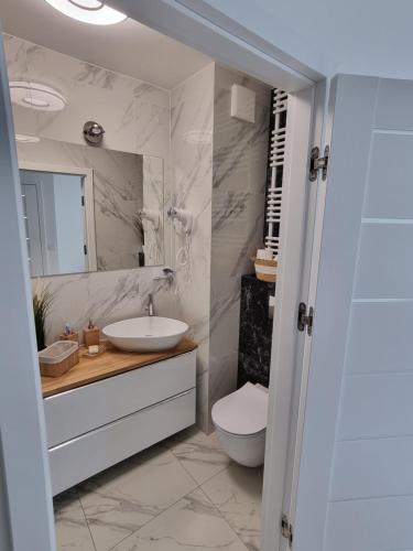 a bathroom with a sink and a toilet and a mirror at Apartament DoriSun-Lighthouse Mrzeżyno in Mrzeżyno