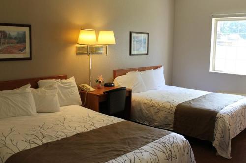 a hotel room with two beds and a desk at Edmore Inn in Edmore