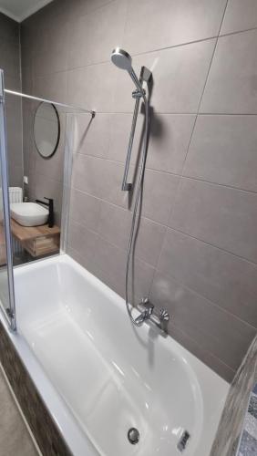 um chuveiro na casa de banho com banheira em FeWo Resse em Gelsenkirchen
