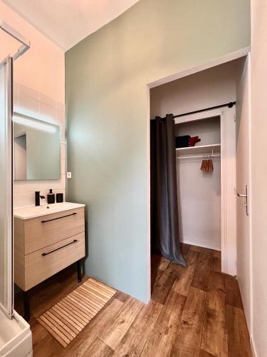 une salle de bain avec un lavabo et un miroir dans l'établissement Bel appartement proche gare, centre ville d'Angers, à Angers