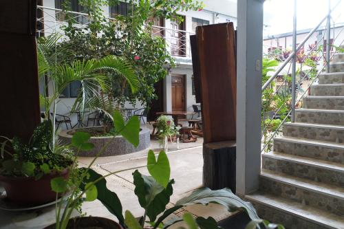 an open door to a courtyard with plants and stairs at Hotel Principe I in Puerto Maldonado