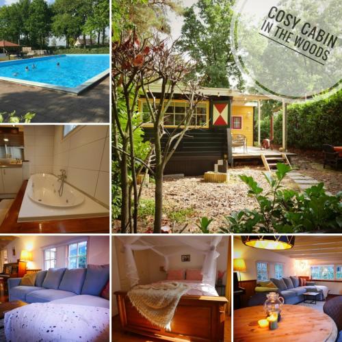 a collage of pictures of a pool and a house at Perfect get away - Cosy Cabin in the Woods in Diessen