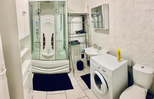 La salle de bains est pourvue d'une douche et d'un lave-linge. dans l'établissement Appartement - 2 chambres - 4 personnes, à Denain