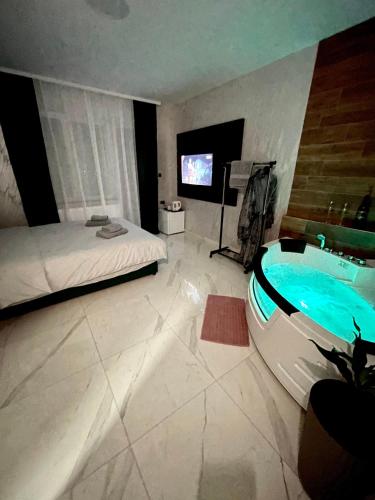 a bedroom with a tub and a bed and a television at Pink House Apartments in Jagodina