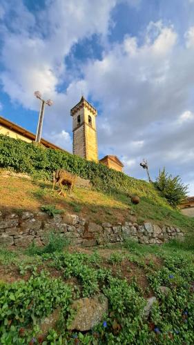 a cow walking on a hill with a tower at Casina di Alice in Vinci