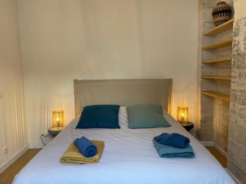 une chambre avec un lit avec deux oreillers bleus dessus dans l'établissement Appartement climatisé plein centre historique, à Avignon