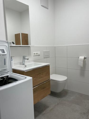 a white bathroom with a sink and a toilet at Ferienwohnung Gerstenecker in Hausen am Tann