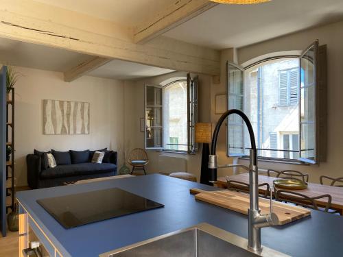 une cuisine avec un évier et un salon dans l'établissement Appartement climatisé plein centre historique, à Avignon