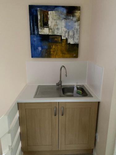 una cocina con fregadero y una pintura en la pared en Quiet, spacious double bedroom!, en Peterborough