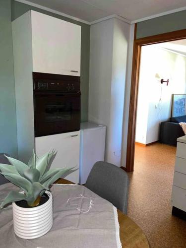 a kitchen with a table with a potted plant on it at Fin, enkel leilighet med nydelig strand i nærheten in Åmdals Verk