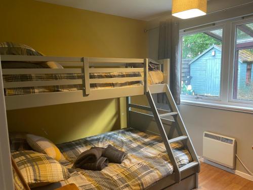 a bedroom with two bunk beds and a window at Linmore in Aviemore
