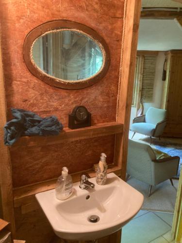 a bathroom with a sink and a mirror at Bungalow Biberspur in Zieko