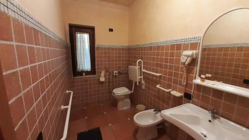a bathroom with a toilet and a sink and a mirror at Agriturismo Pingitore in Luzzi