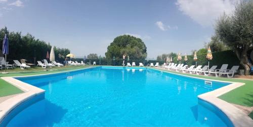 a large blue swimming pool with chairs and umbrellas at Agriturismo Pingitore in Luzzi