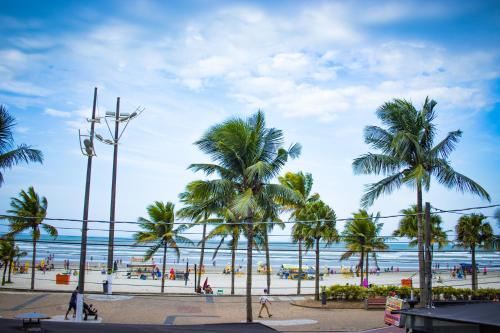 uma vista para uma praia com palmeiras e para o oceano em 16SOLDAPRAIA Apartamento aconchegante próximo a praia na Praia Grande