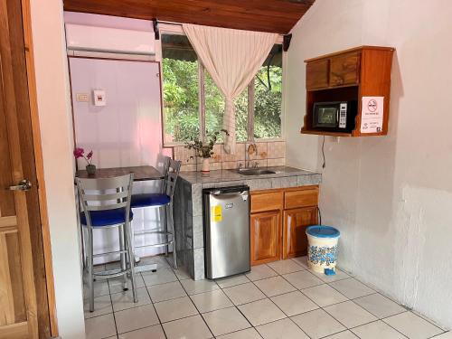 a kitchen with a stainless steel refrigerator and a counter at Rio Danta in Fortuna