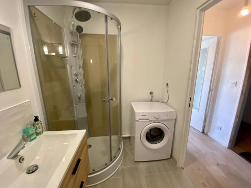 une salle de bain avec douche et machine à laver dans l'établissement Appartement rénové et équipé, à Saint-Jacques-de-la-Lande