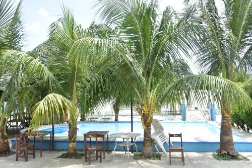 een zwembad met palmbomen en tafels en stoelen bij Hotel Bacaanda 