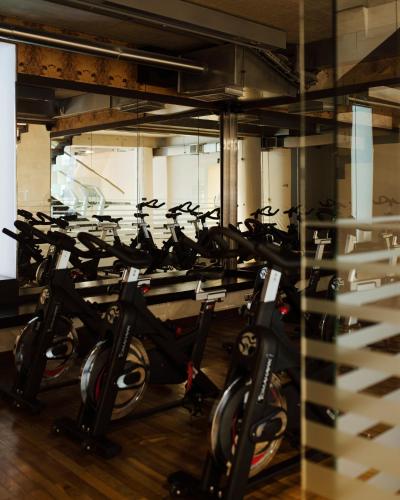 a row of exercise bikes in a gym at Hotel Monopol in Katowice