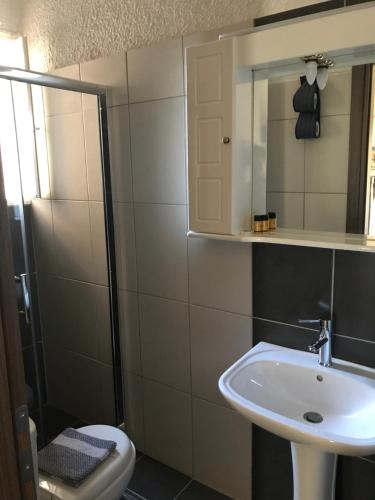 łazienka z umywalką, lustrem i toaletą w obiekcie Chaliotis Apartments w mieście Chalkida