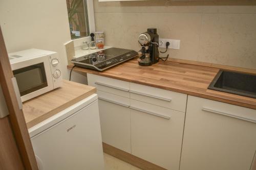 a kitchen with a counter top with a microwave at Oros House Apartmanház in Orosháza