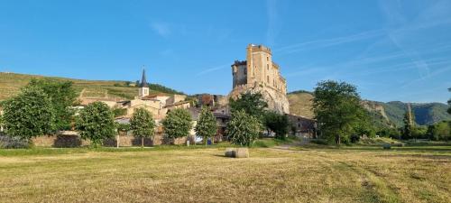 an old castle on a hill with a field at Appartement chaleureux en Ardèche in Châteaubourg