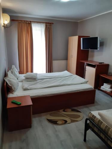 a bedroom with a large bed and a television at Pensiunea Tisa in Baile Felix