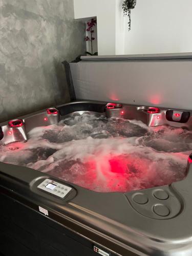 a stove top with a large pot filled with meat at LE 46 : Superbe appartement jacuzzi in Besançon