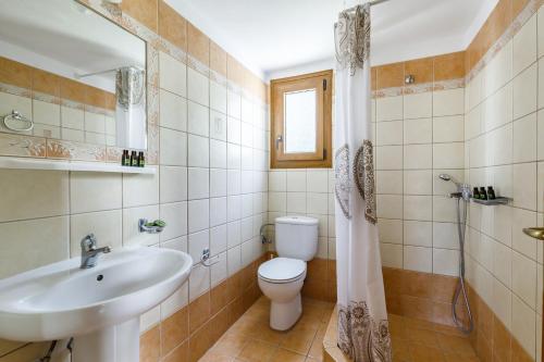 a bathroom with a toilet and a sink and a shower at Villa Chrysalis in Skopelos Town